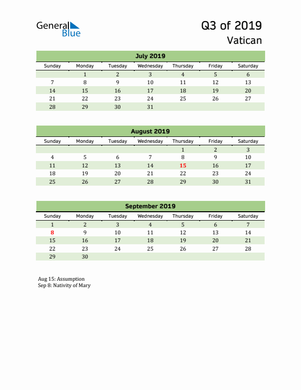 Quarterly Calendar 2019 with Vatican Holidays