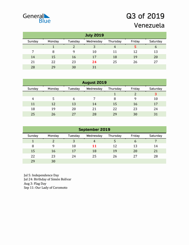 Quarterly Calendar 2019 with Venezuela Holidays