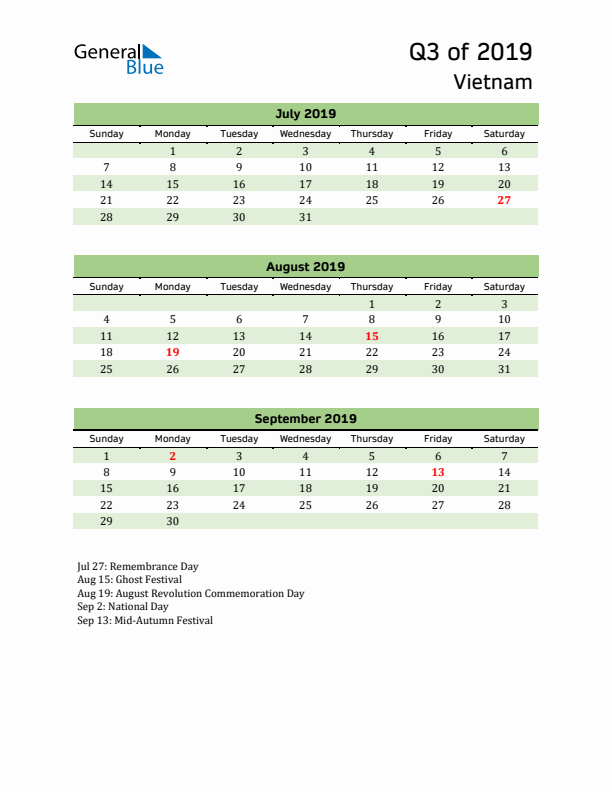 Quarterly Calendar 2019 with Vietnam Holidays