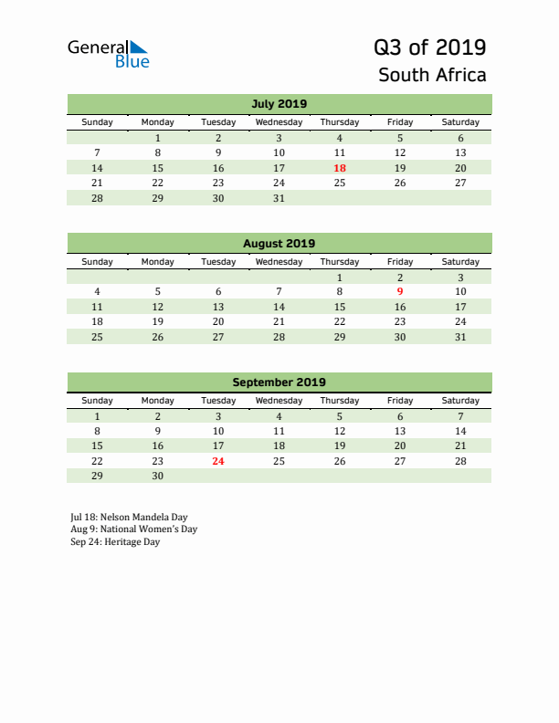 Quarterly Calendar 2019 with South Africa Holidays