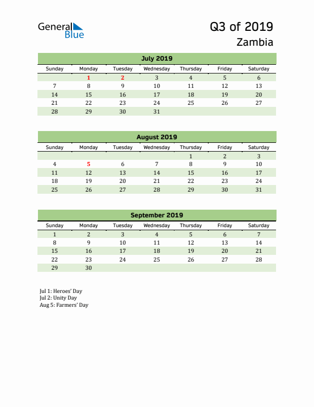 Quarterly Calendar 2019 with Zambia Holidays