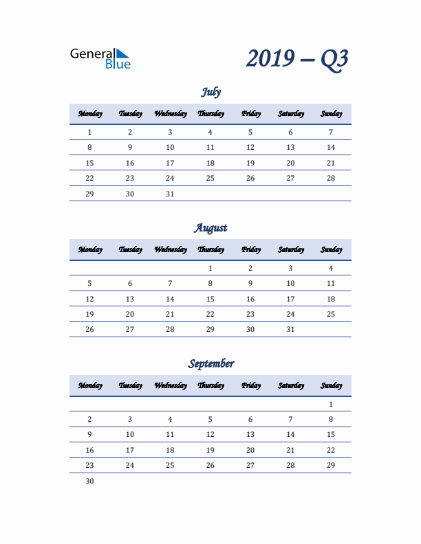 Monday Start 2019 Quarterly Calendar