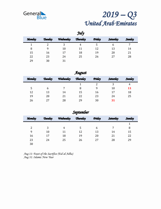 July, August, and September Calendar for United Arab Emirates with Monday Start