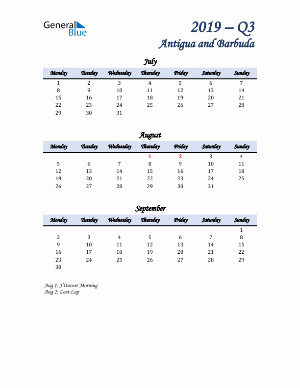 July, August, and September Calendar for Antigua and Barbuda with Monday Start