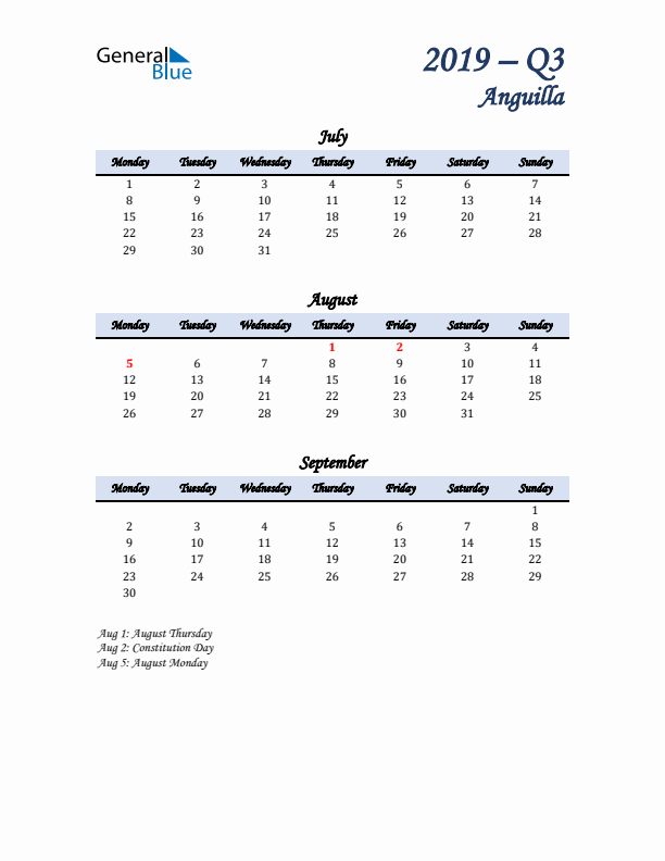 July, August, and September Calendar for Anguilla with Monday Start