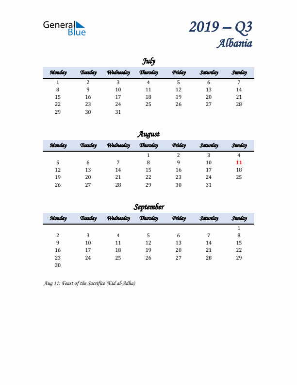 July, August, and September Calendar for Albania with Monday Start