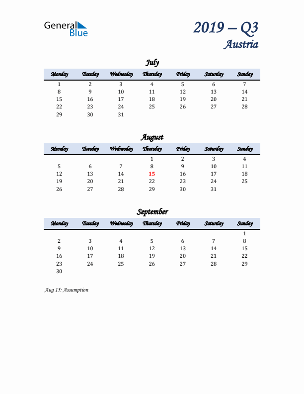 July, August, and September Calendar for Austria with Monday Start