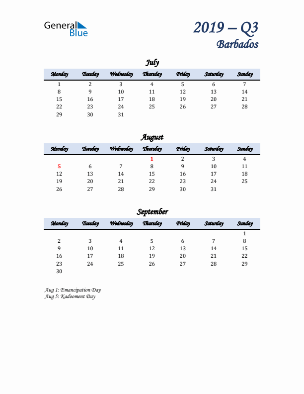 July, August, and September Calendar for Barbados with Monday Start