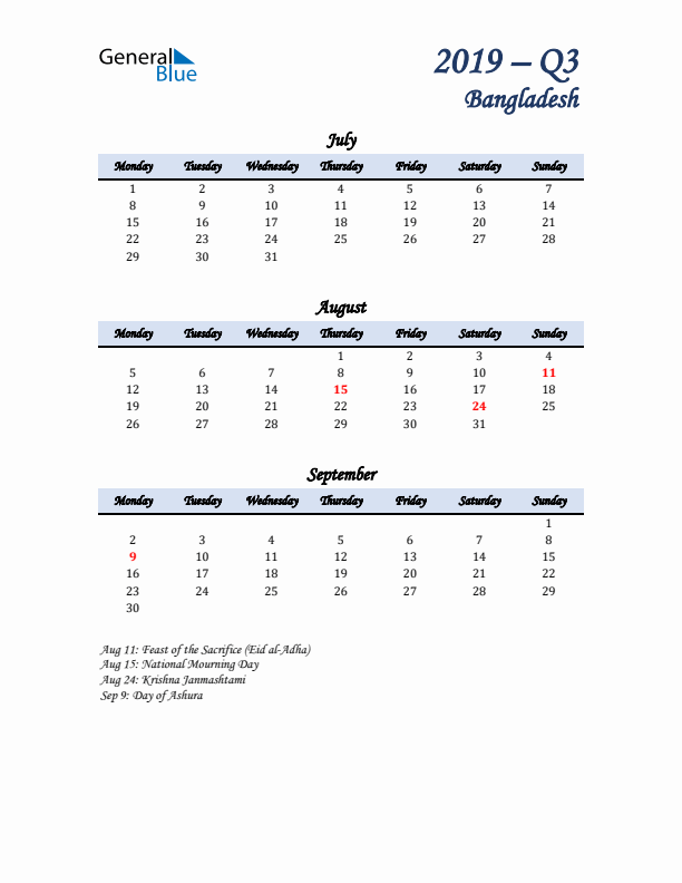 July, August, and September Calendar for Bangladesh with Monday Start