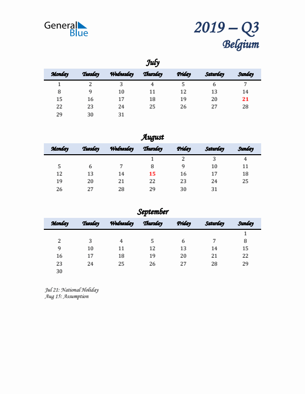 July, August, and September Calendar for Belgium with Monday Start