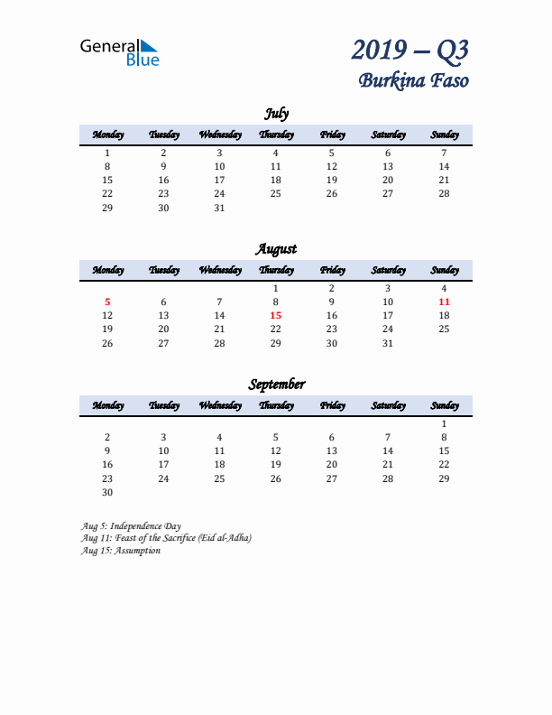 July, August, and September Calendar for Burkina Faso with Monday Start