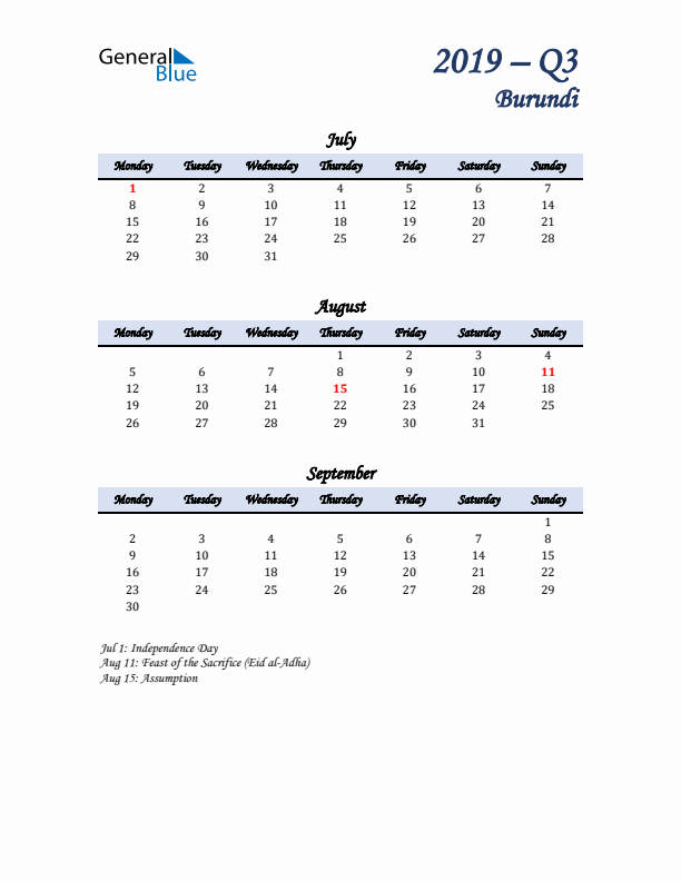 July, August, and September Calendar for Burundi with Monday Start