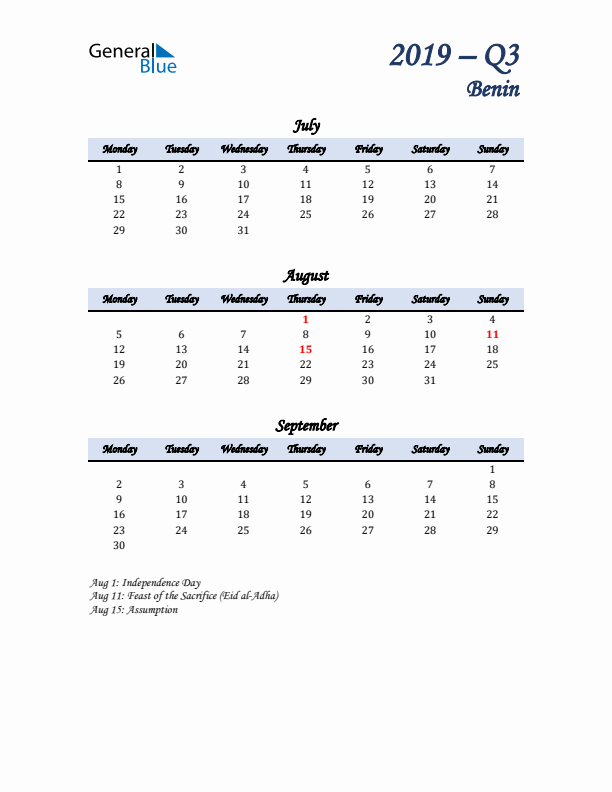 July, August, and September Calendar for Benin with Monday Start