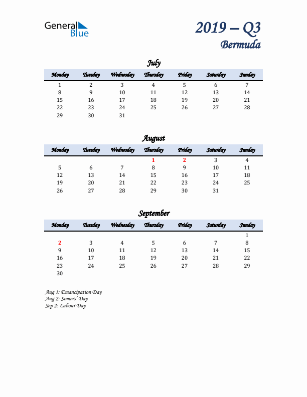 July, August, and September Calendar for Bermuda with Monday Start