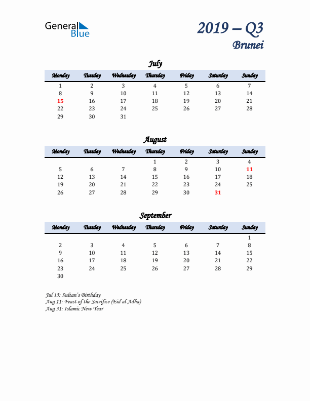 July, August, and September Calendar for Brunei with Monday Start