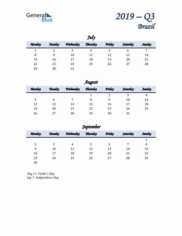 July, August, and September Calendar for Brazil with Monday Start
