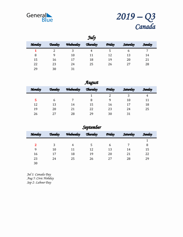 July, August, and September Calendar for Canada with Monday Start