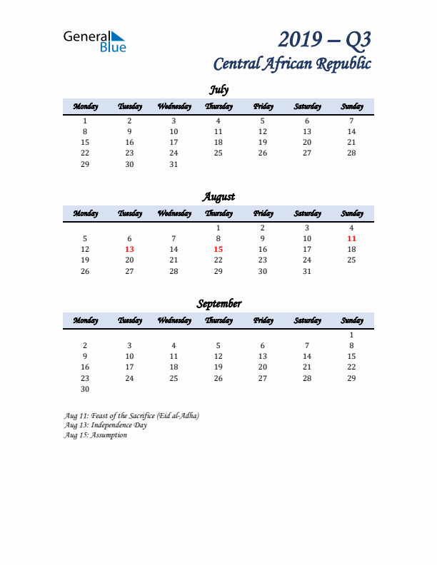 July, August, and September Calendar for Central African Republic with Monday Start