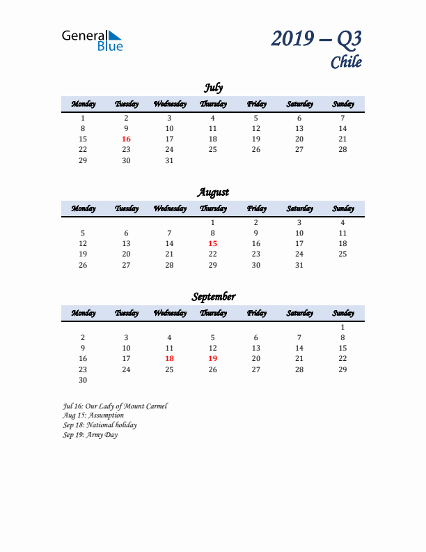 July, August, and September Calendar for Chile with Monday Start