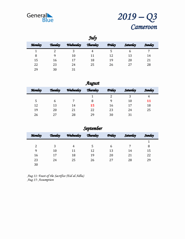 July, August, and September Calendar for Cameroon with Monday Start
