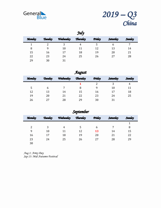 July, August, and September Calendar for China with Monday Start