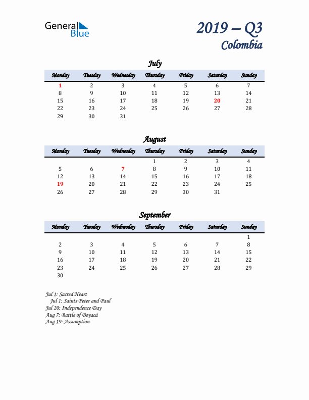 July, August, and September Calendar for Colombia with Monday Start