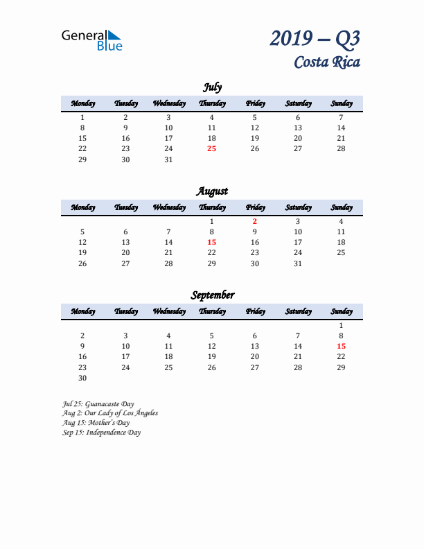 July, August, and September Calendar for Costa Rica with Monday Start