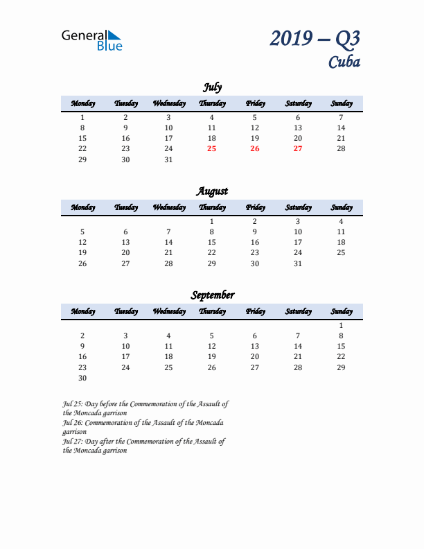 July, August, and September Calendar for Cuba with Monday Start