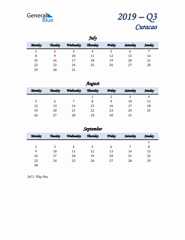 July, August, and September Calendar for Curacao with Monday Start