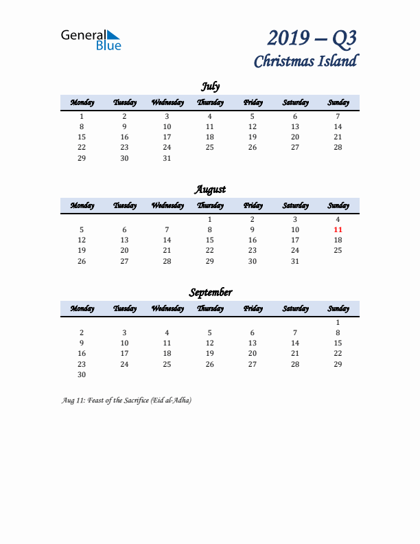 July, August, and September Calendar for Christmas Island with Monday Start