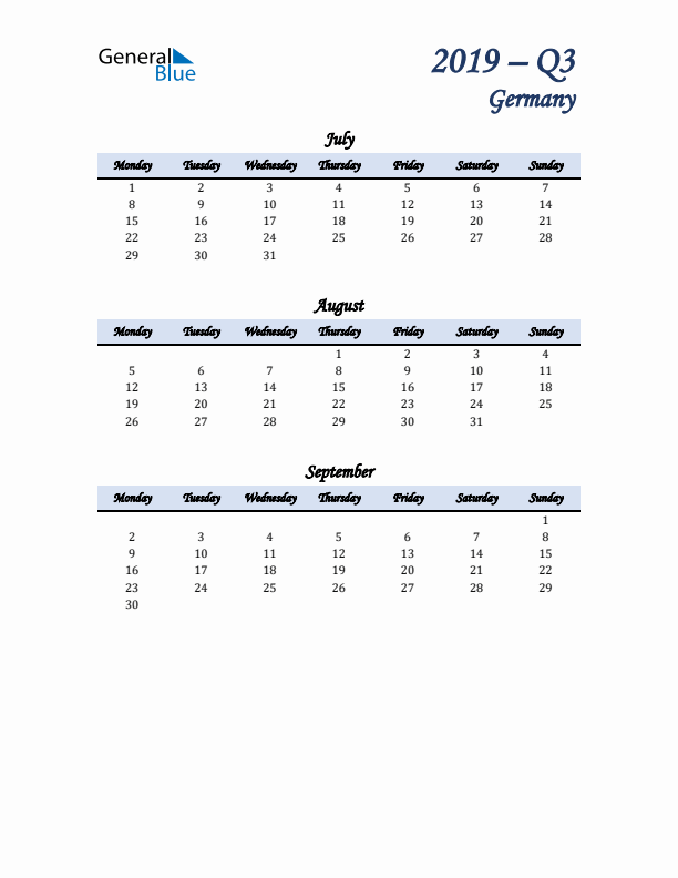 July, August, and September Calendar for Germany with Monday Start