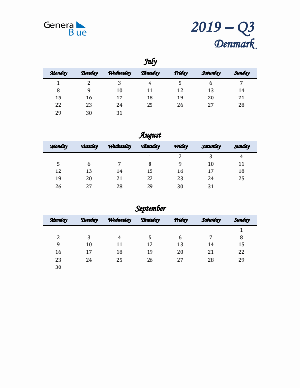 July, August, and September Calendar for Denmark with Monday Start