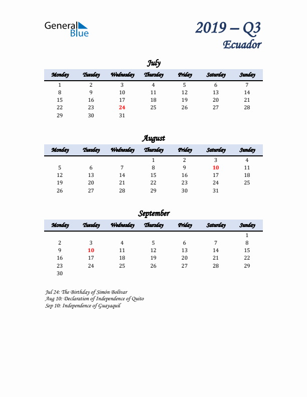 July, August, and September Calendar for Ecuador with Monday Start