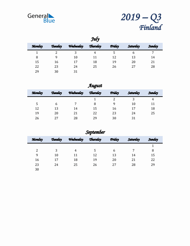 July, August, and September Calendar for Finland with Monday Start