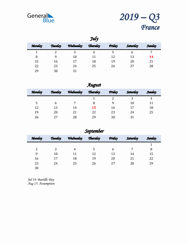 July, August, and September Calendar for France with Monday Start