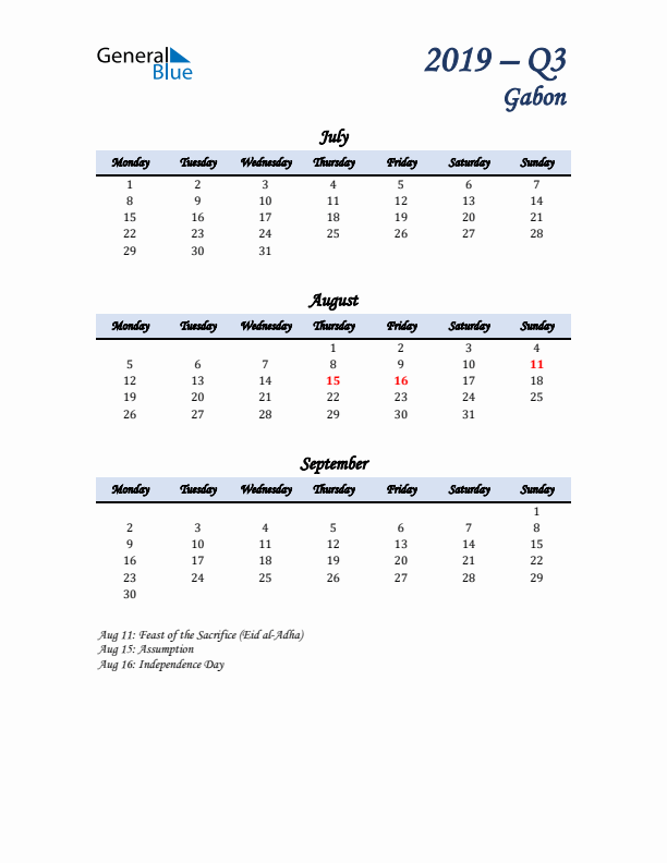 July, August, and September Calendar for Gabon with Monday Start