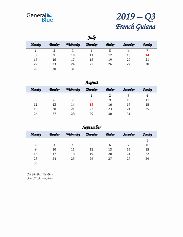 July, August, and September Calendar for French Guiana with Monday Start