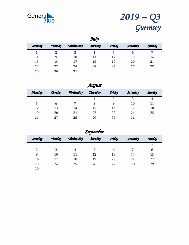 July, August, and September Calendar for Guernsey with Monday Start