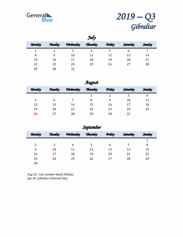 July, August, and September Calendar for Gibraltar with Monday Start