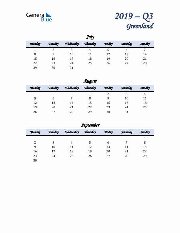 July, August, and September Calendar for Greenland with Monday Start