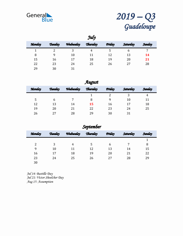 July, August, and September Calendar for Guadeloupe with Monday Start