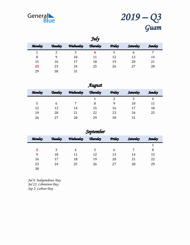 July, August, and September Calendar for Guam with Monday Start