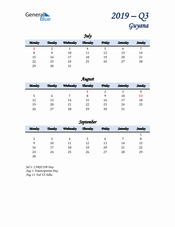 July, August, and September Calendar for Guyana with Monday Start