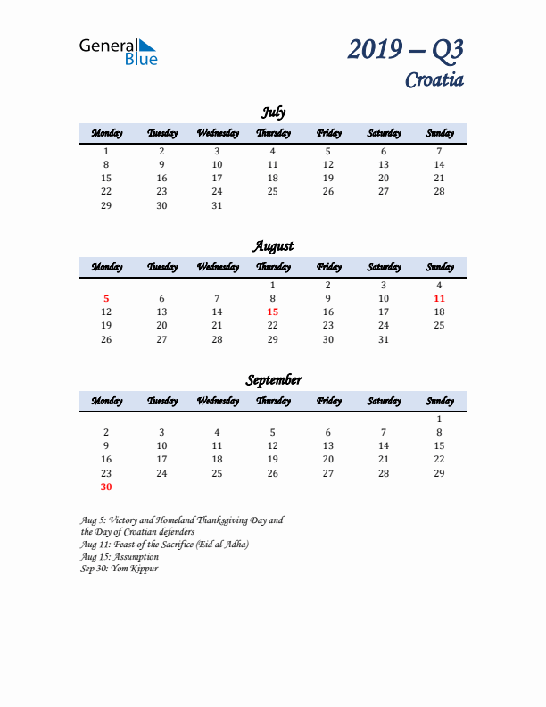 July, August, and September Calendar for Croatia with Monday Start