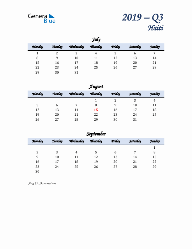 July, August, and September Calendar for Haiti with Monday Start