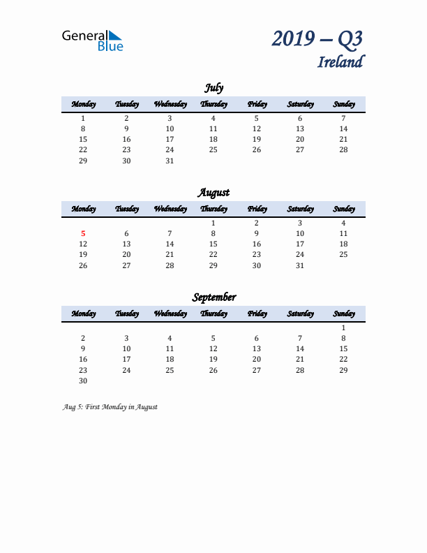 July, August, and September Calendar for Ireland with Monday Start