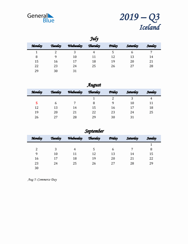 July, August, and September Calendar for Iceland with Monday Start