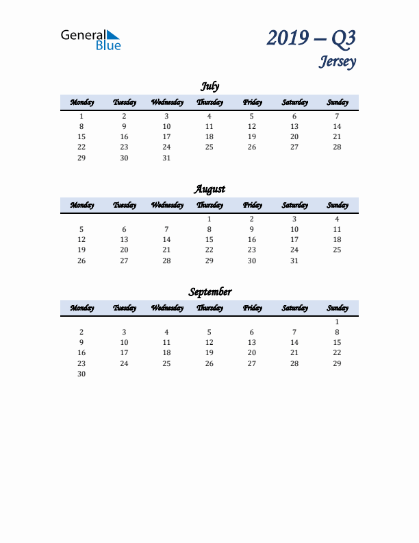 July, August, and September Calendar for Jersey with Monday Start