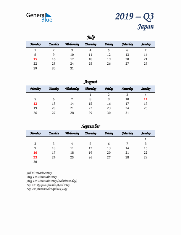 July, August, and September Calendar for Japan with Monday Start