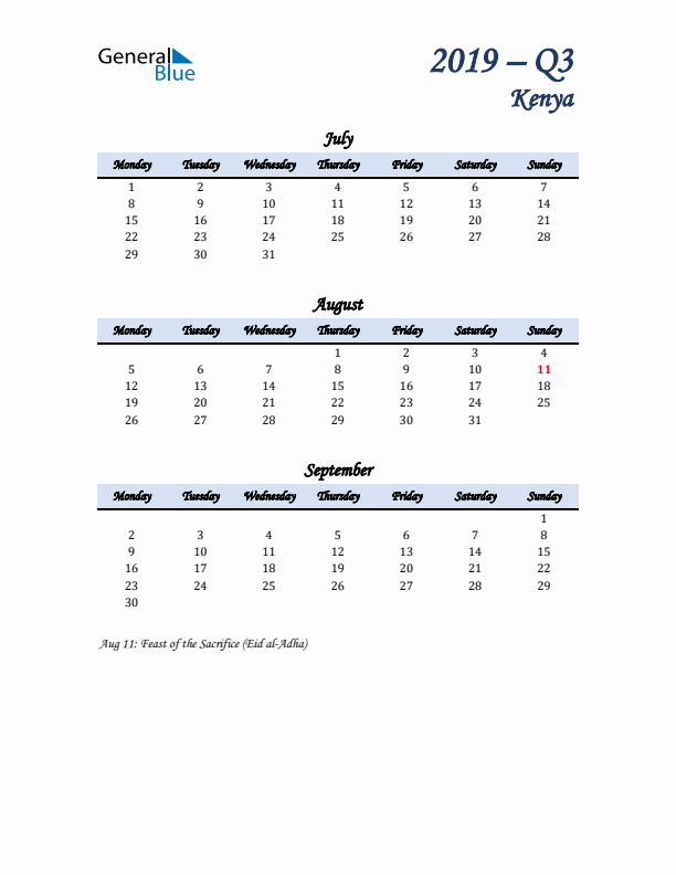 July, August, and September Calendar for Kenya with Monday Start